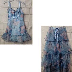 Women's SHEIN Blue Pink Floral Ruffle Sweetheart Neck Tie Bow Dress Size XS